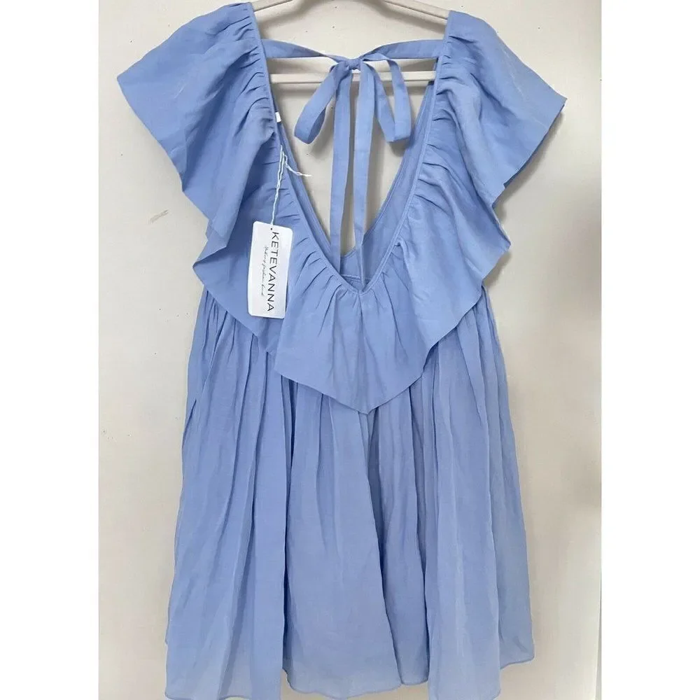 NWT FREE PEOPLE X KETEVANNA Sz M ANNA RUFFLE MINI DRESS IN BLUE